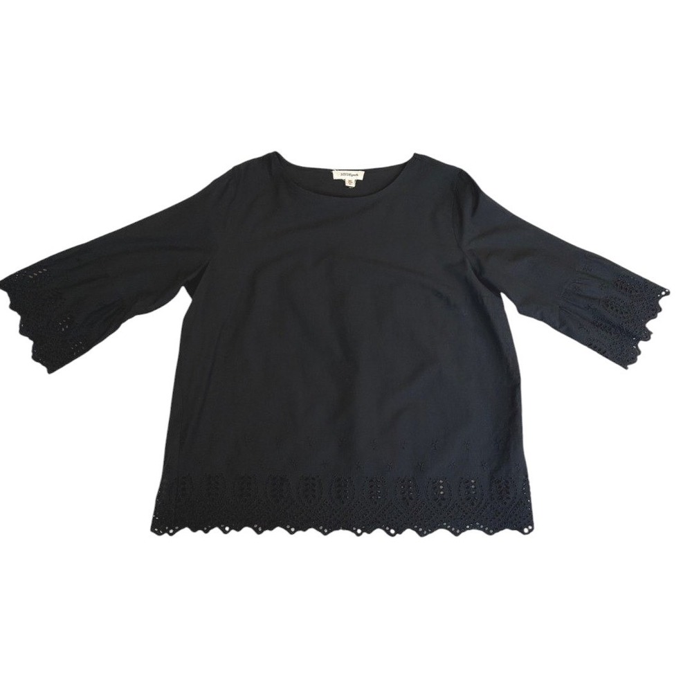 Hyde Park Black 100% Cotton Eyelet Embroidered‎ Blouse XL 3/4 Sleeve Scallop Hem